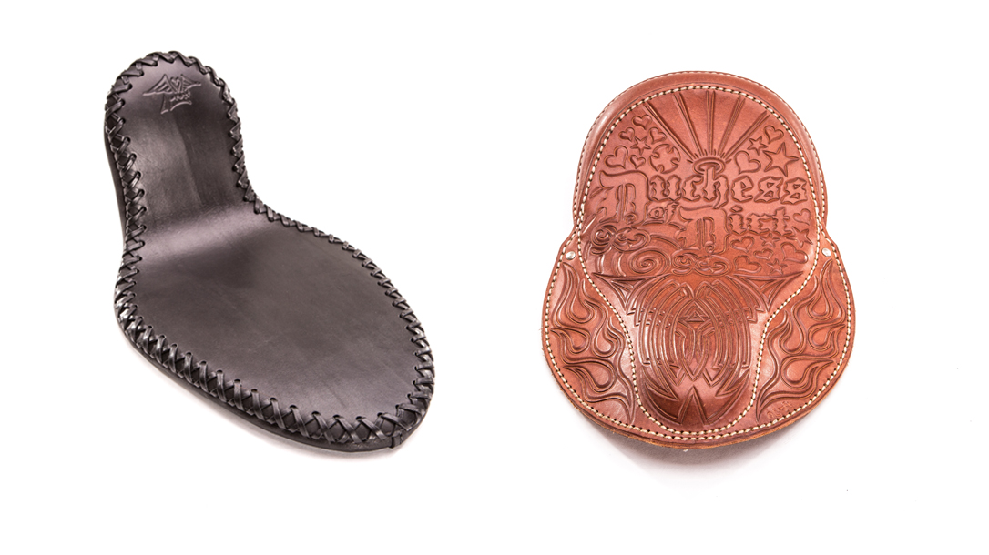 A few of his seats he's created using hand-tooled leather.