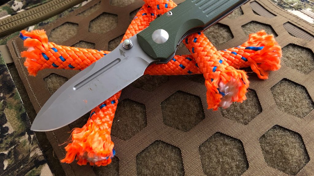 The Invictus-AT from Terrain 365 pressed right through this half-inch climbing rope with no catching or struggle.