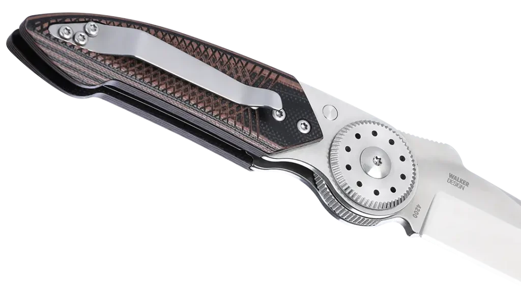 The Walker Blade features a 14C28N steel blade with satin finish. 