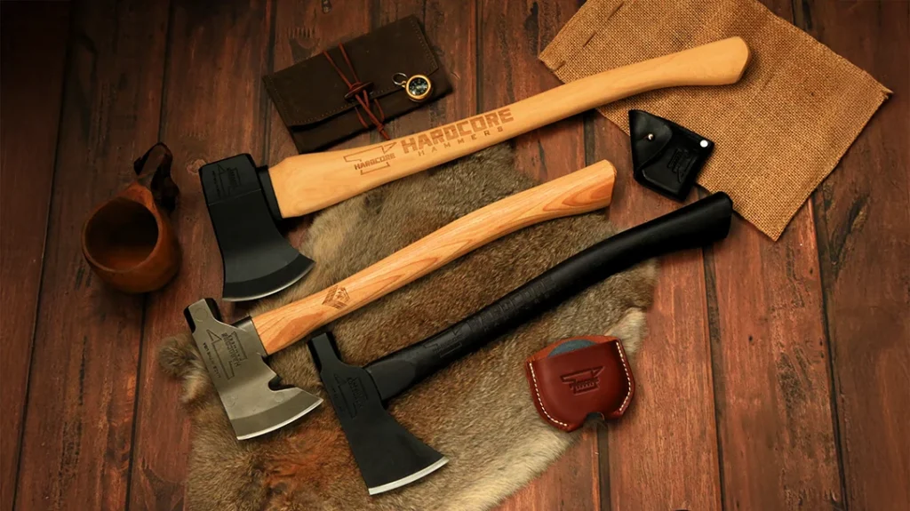The Hardcore Hammers Original TR Axe, Survivalist Hatchet, and Super Naturalist 2.0 Tomahawk Hatchet.