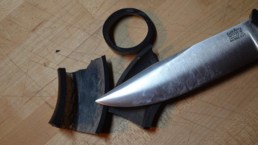 Thick rubber hose didn’t pose a lot of trouble once the knife’s edge bit in.