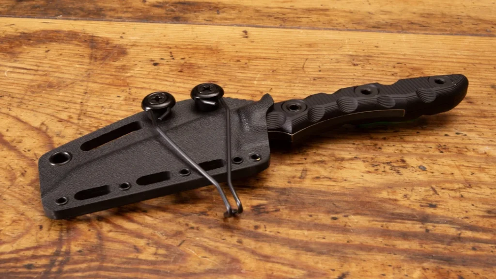 The T.Kell Knives WharnEDC comes with a custom-molded Kydex sheath and a unique J-hook-style clip that Tim Kell developed with UltiClip.