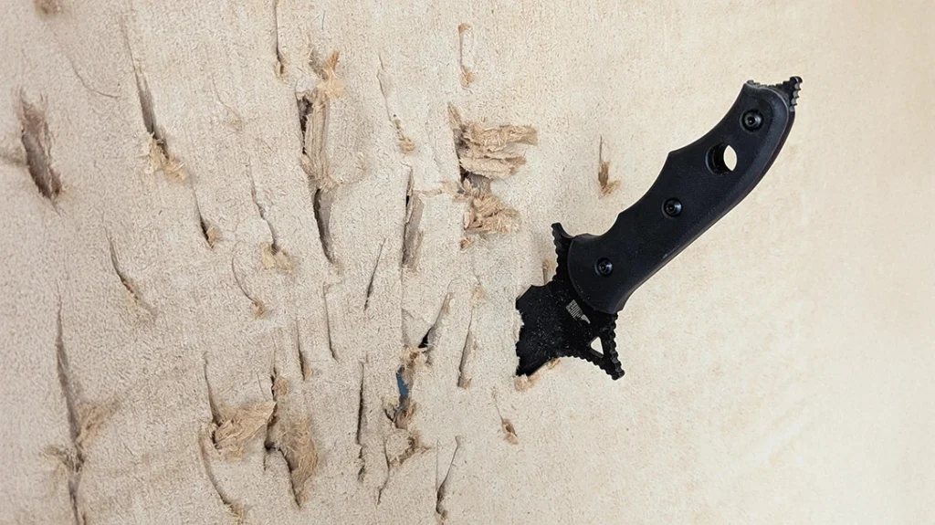 In this test, I did some reverse-grip sewing machine stabs into a thick corkboard; it felt like it was a part of my hand.