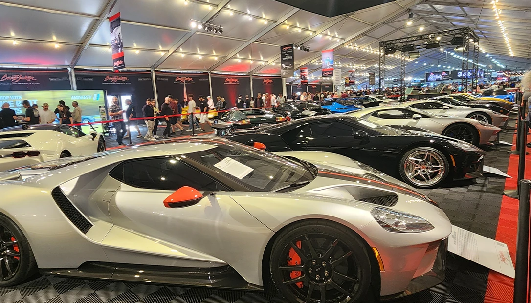 The premier vehicles are showcased in the main tent of Barrett-Jackson Auto Auction.