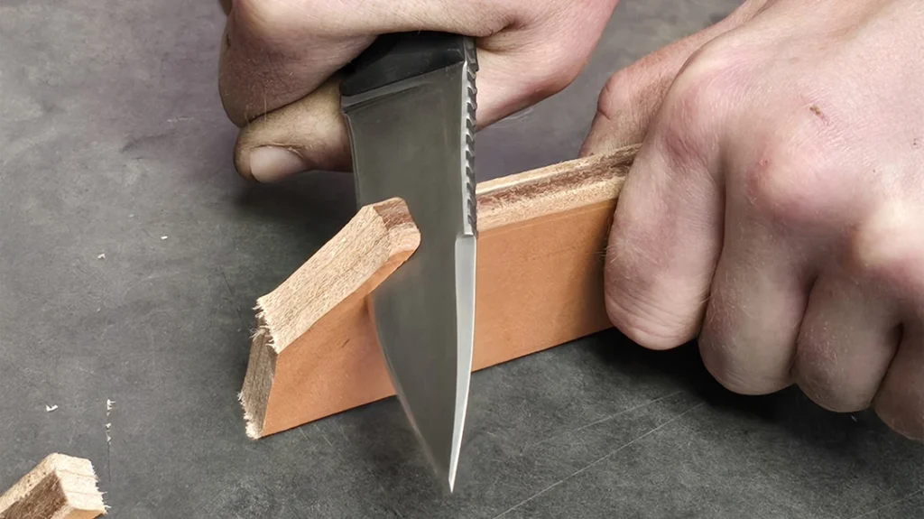 The Justin Thompson Custom Knives Ghoul slices aggressively through heavy-duty leather.
