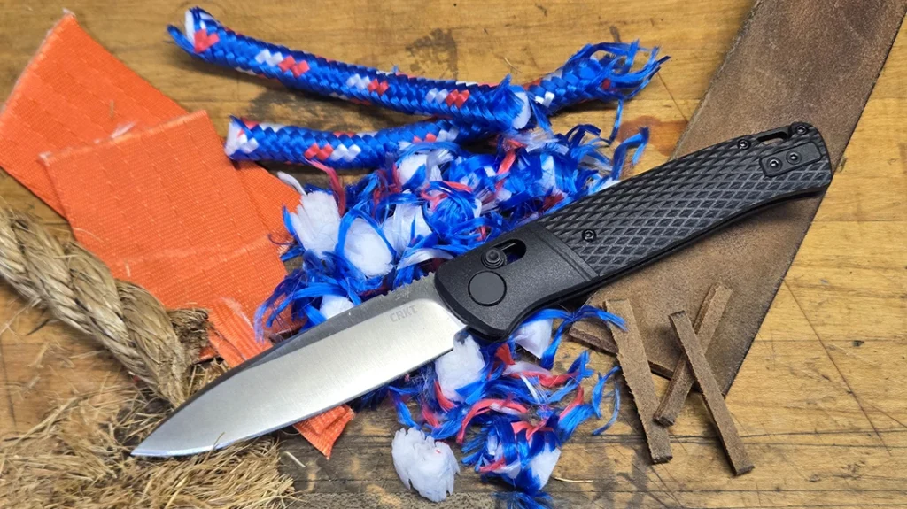The author also just sat at the workbench and did some slicing tests on different materials like seat belt webbing, sisal rope, nylon rope, and leather.